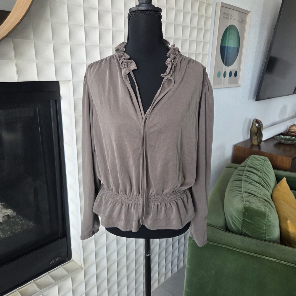 Elie Tahari Peplum Blouse Top with Tie Neck Ruffle Detail in Taupe Mocha, Medium - Picture 2 of 13